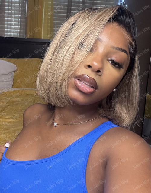 Elma- Ombre Ash Blonde Short Straight Cut 13x4 Lace Front Bob Wig Glueless Human Hair Wig