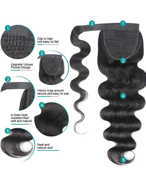 Body Wave Real Human Hair Ponytail Extension Wrap Around Long Clip in Wavy Ponytail Hair Extensions for Women