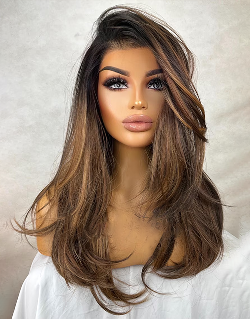 Farah- Ombre Brown Highlight Wavy 360 Lace Wig Dark Roots Luxury Wig For Women