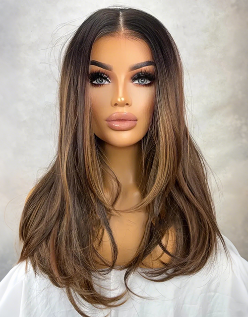 Farah- Ombre Brown Highlight Wavy 360 Lace Wig Dark Roots Luxury Wig For Women