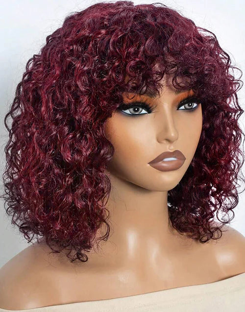Veridian- Dark Burgundy 99J Curly Bob Wigs With Bangs for Women Glueless Human Hair Wig