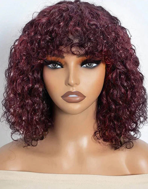Veridian- Dark Burgundy 99J Curly Bob Wigs With Bangs for Women Glueless Human Hair Wig