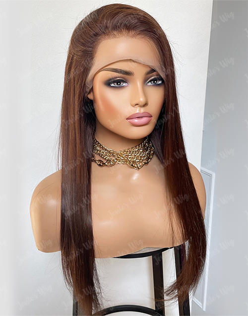 Mia-Brunette Updo Ponytail Full Lace Straight Brown Human Hair Wig For Daily Wear