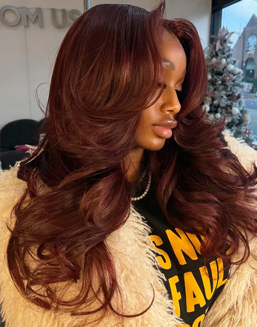 Laurie- Reddish Brown Color Layered Cut Face Framing Wavy Glueless Wig With Curtain Bangs Human Hair