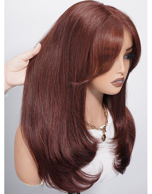 Viva- Pull Go Wig Reddish Brown Layer Cut Straight Wig With Curtain Bangs Pre Cut Lace Glueless Wig With Drawstring