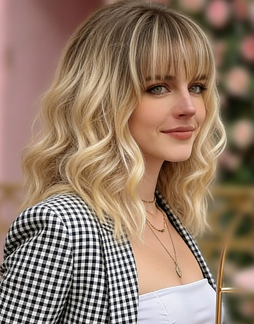 Tess- Minimalist Lace Ombre Blonde Wavy Bob Wig With Bangs Dark Roots