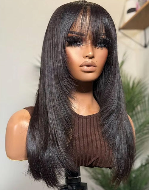 20" Layered Cut Straight Glueless Wig With Bangs Pre Cut 4x4 Lace Flash Deal