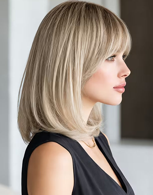 Jenny- Minimalist Lace Curtain Bangs Ombre Blonde Highlight Straight Layered Bob Wig