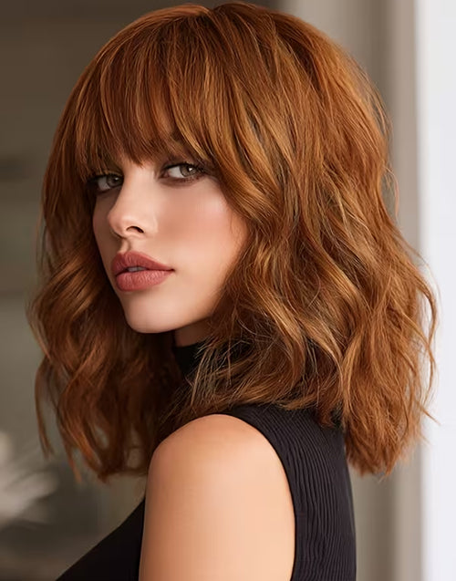 Moni- Minimalist Lace Elegant Pumpkin Color Wavy Short Bob Wig With Bangs