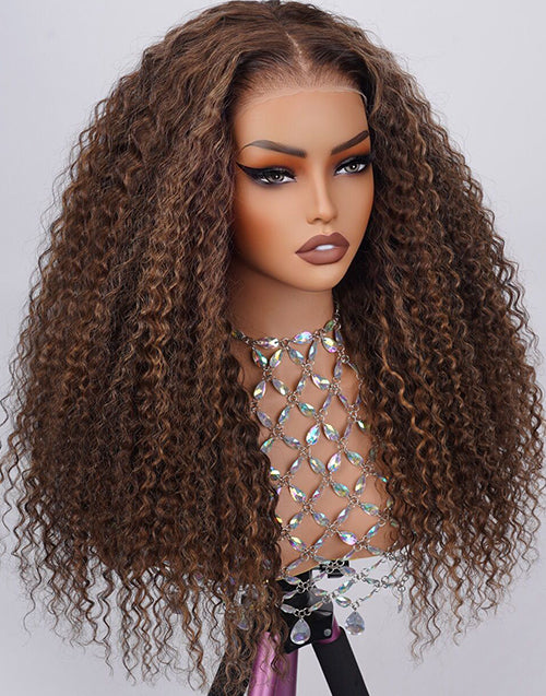 Glueless Pull Go Piano Honey Brown Highlight Curly Pre Everything Wig C/Middle Part 13x5 Frontal  Human Hair