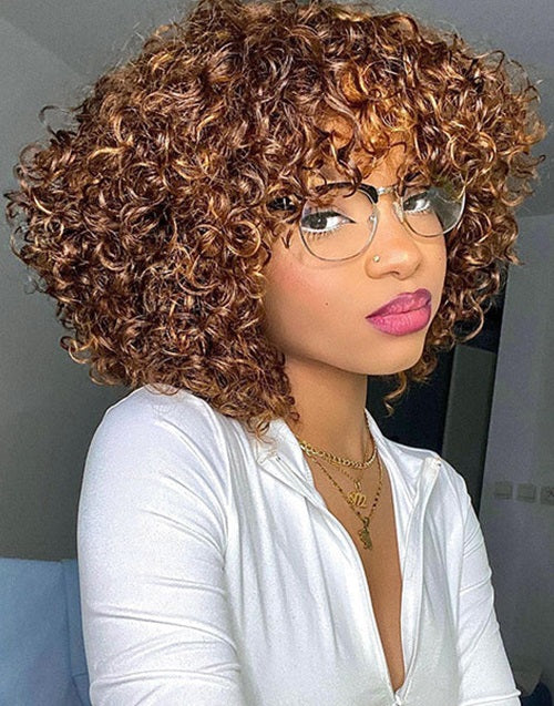 $69.99 10" Highlight Curly Short Bob Wigs With Bangs Honey Blonde Ombre Color Wig Human Hair Flash Deal