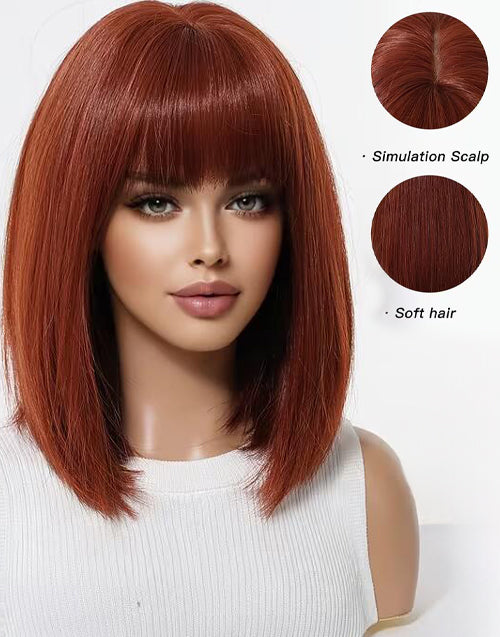 Katina- Minimalist Lace Red Copper Straight Bob Wig With Bangs For Women