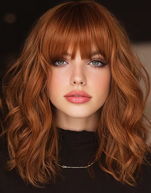 Moni- Minimalist Lace Elegant Pumpkin Color Wavy Short Bob Wig With Bangs