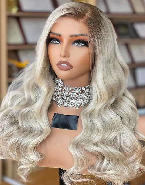 Fancy- Icey Platinum Diamond Blonde Wavy 13x4 Lace Front Wig Light Blonde Brown Roots