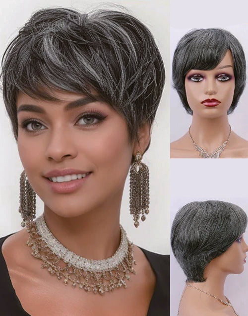 Cosima- New Pixie Cut Salt And Pepper Colored Full Machine None Lace Grey Short Wig