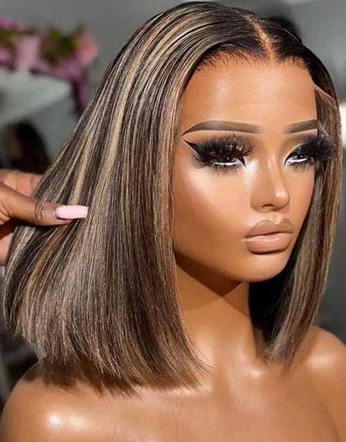 Alisha- Golden Highlights Straight Bob Wig Human Hair Glueless 13x5 Pre Everything Wig