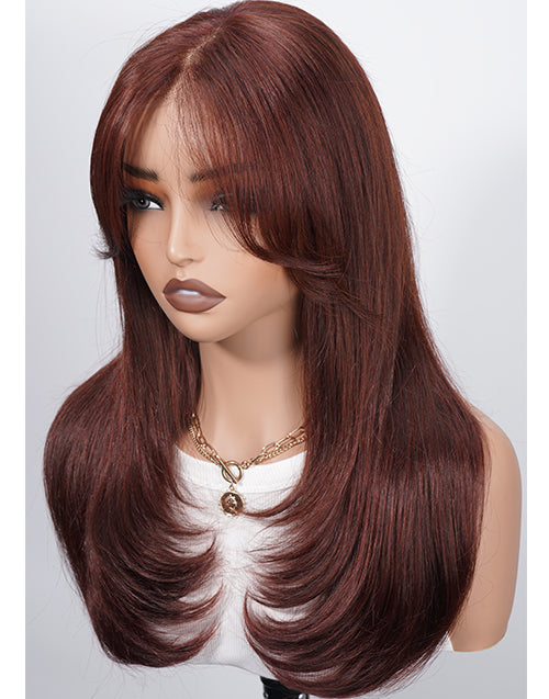 [Ready To Ship Only For US] Viva- Pull Go Wig Reddish Brown Layer Cut Straight Wig With Curtain Bangs Pre Cut Lace Glueless Wig With Drawstring