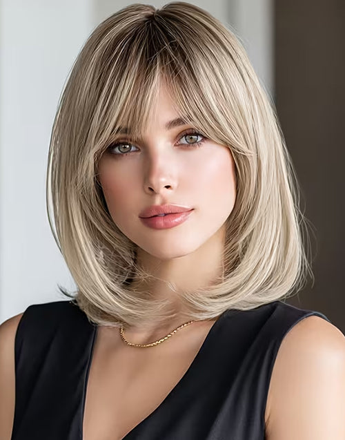 Jenny- Minimalist Lace Curtain Bangs Ombre Blonde Highlight Straight Layered Bob Wig
