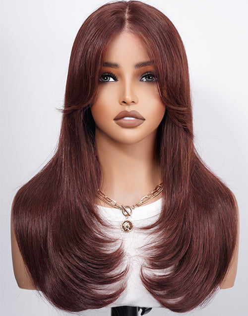 Viva- Pull Go Wig Reddish Brown Layer Cut Straight Wig With Curtain Bangs Pre Cut Lace Glueless Wig With Drawstring