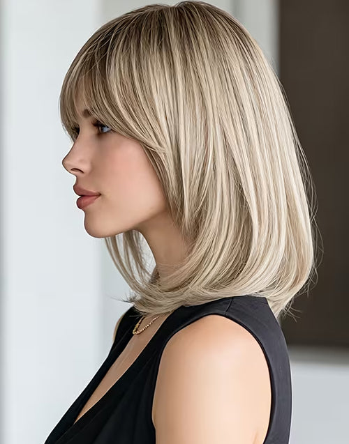 Jenny- Minimalist Lace Curtain Bangs Ombre Blonde Highlight Straight Layered Bob Wig