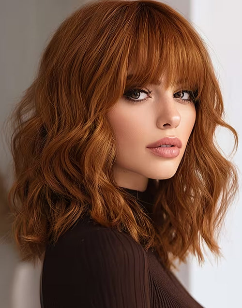 Moni- Minimalist Lace Elegant Pumpkin Color Wavy Short Bob Wig With Bangs