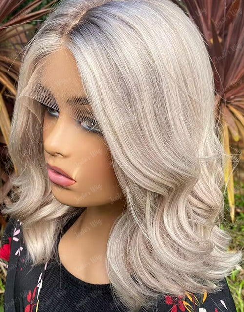 Summer-Platinum Ash Blonde Bob 4x4 Lace Wavy Wig Glueless Human Hair Wig