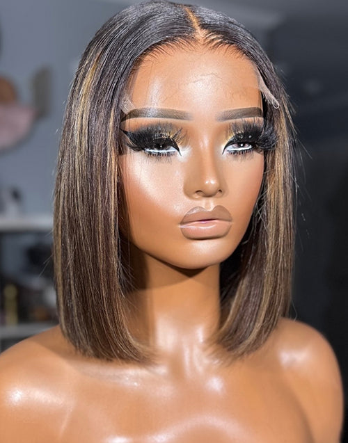 Alisha- Golden Highlights Straight Bob Wig Human Hair Glueless 13x5 Pre Everything Wig