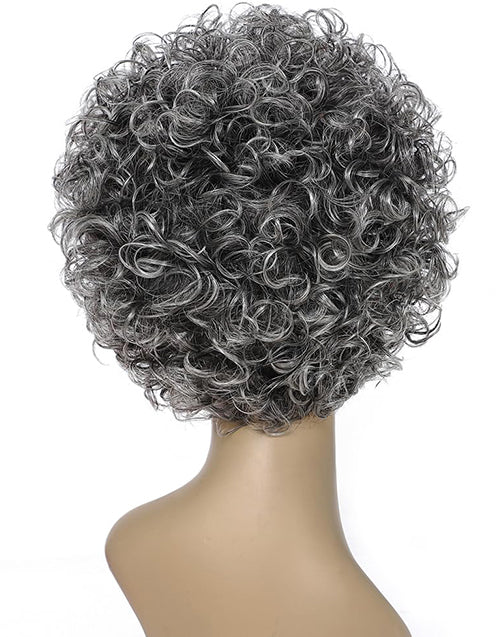 Stephanie- Salt & Pepper Curly Pixie Cut Bob Wig With Bangs for Older Women/Mom/Grandmother Daily Use