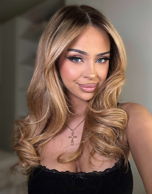 Soya- Influencer Same Ombre Honey Blonde With Dark Brown Color Layered Wavy Pull Go Wig 7x5 Glueless Wig