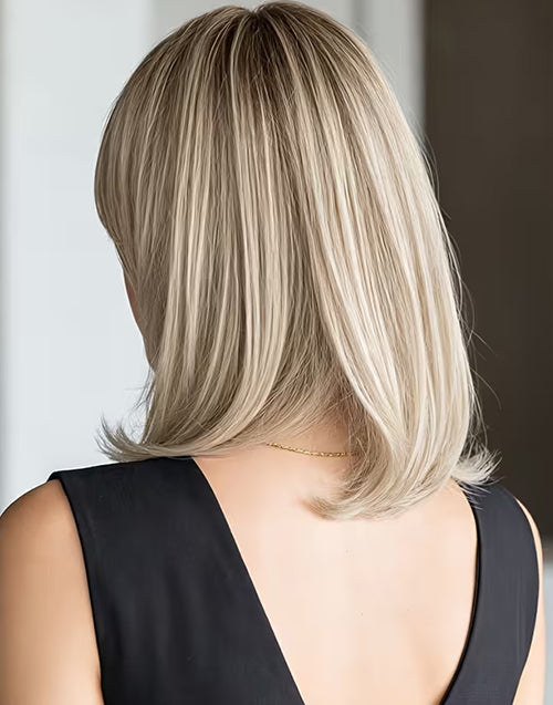 Jenny- Minimalist Lace Curtain Bangs Ombre Blonde Highlight Straight Layered Bob Wig