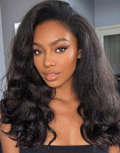 22" Kinky Wave Half Wig Human Hair Blow Out Style 1 Wig 3 Different Looks Flash Deal