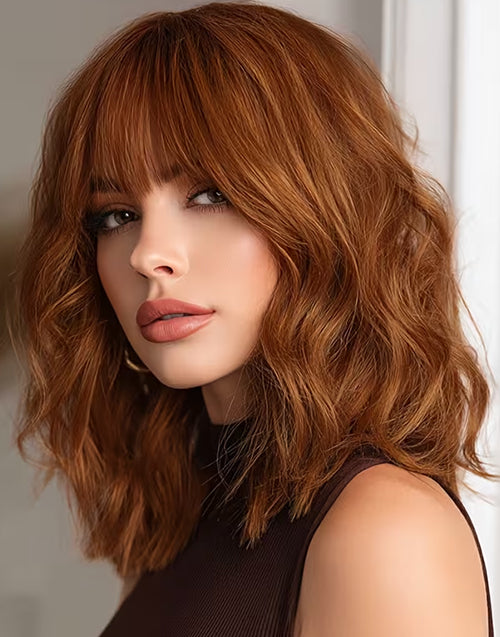 Moni- Minimalist Lace Elegant Pumpkin Color Wavy Short Bob Wig With Bangs