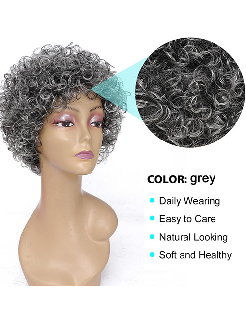 Stephanie- Salt & Pepper Curly Pixie Cut Bob Wig With Bangs for Older Women/Mom/Grandmother Daily Use