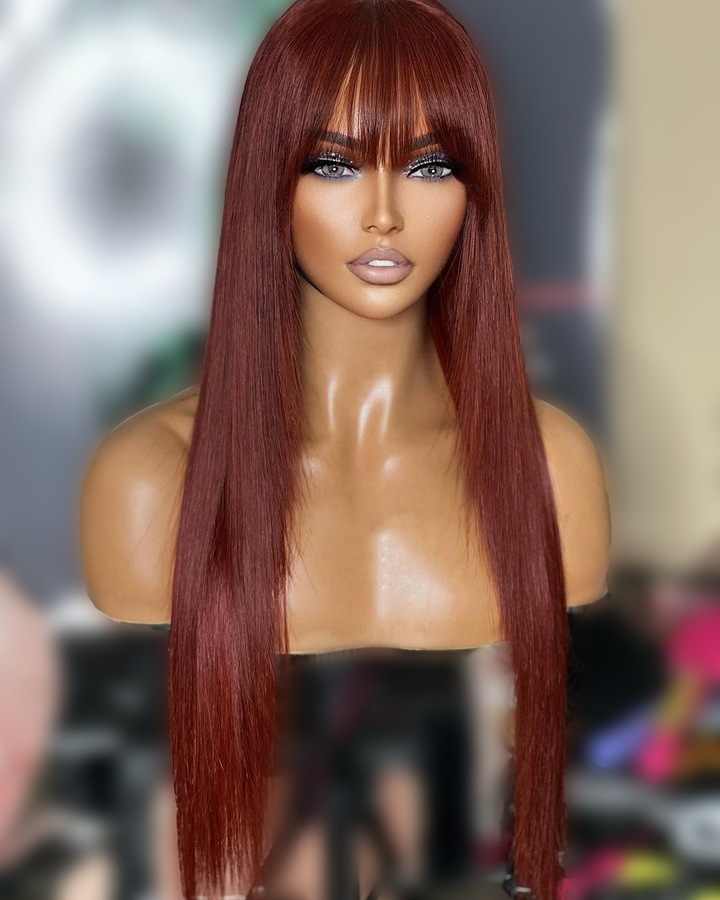 20" Red Brown Straight Layer Cut Wig With Bangs Pre Cut Lace Flash Deal