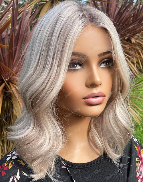 Summer-Platinum Ash Blonde Bob 4x4 Lace Wavy Wig Glueless Human Hair Wig