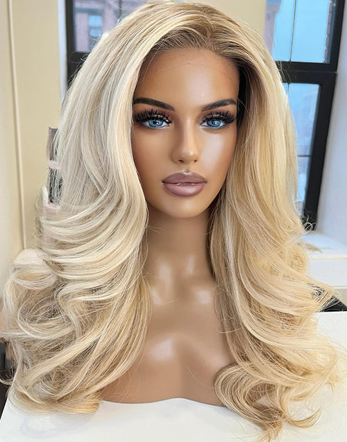 Wensy-True-Hold Series Ombre Highlight Blonde Full Wavy 13x6 Lace Front Glueless Wig For Women Human Hair