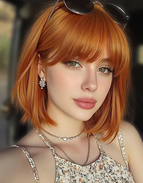 Mory- Minimalist Lace Wig Orange Color Straight Bob Wig With Bangs Real Human Hair