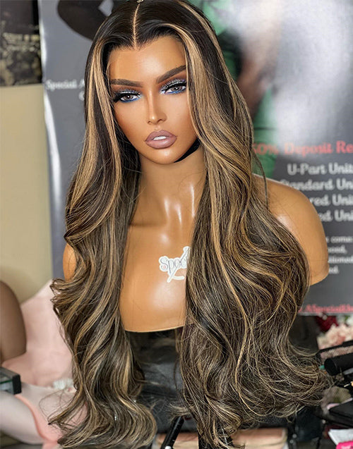 Eileen- Smart-Fit Pull Go Black With Honey Blonde Highlights Glueless Wavy 13x5 Pre Cut Lace Front Wig Piano Colored Human Hair Wig