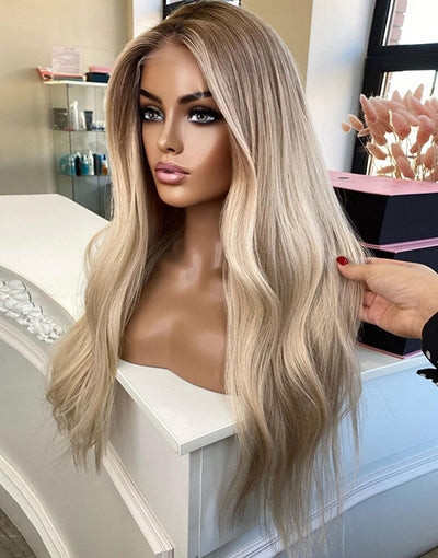 Ombre Warm Ash Blonde Balayage Highlights Full Lace Wigs Wavy Human Hair Wig