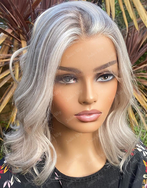 Summer-Platinum Ash Blonde Bob 4x4 Lace Wavy Wig Glueless Human Hair Wig