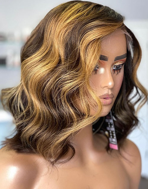 Grier- Balayage Golden Brown Wavy Bob Glueless 13x5 Pre Cut Lace Wig Human Hair
