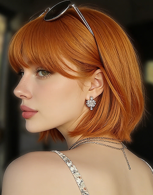 Mory- Minimalist Lace Wig Orange Color Straight Bob Wig With Bangs Real Human Hair