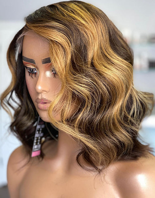 Grier- Balayage Golden Brown Wavy Bob Glueless 13x5 Pre Cut Lace Wig Human Hair