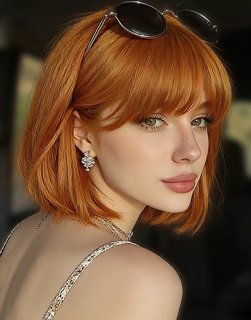 Mory- Minimalist Lace Wig Orange Color Straight Bob Wig With Bangs Real Human Hair