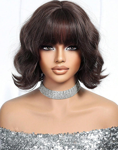 Leola- Dark Brown Short Wavy Wig With Bangs Natural Looking Shoulder Length Wig For Women Daily Wear Hairstyle