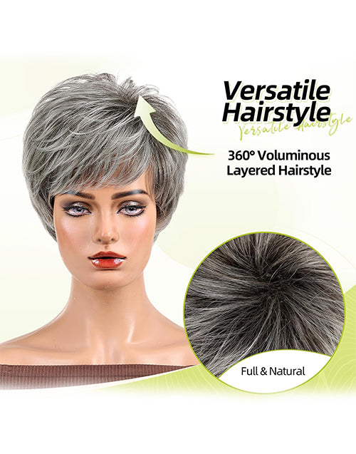 Mavis- Salt And Pepper Color Pixie Cut Wig With Bangs Suitable For Hair Loss and Fashion Change Full Machine None Lace Wig