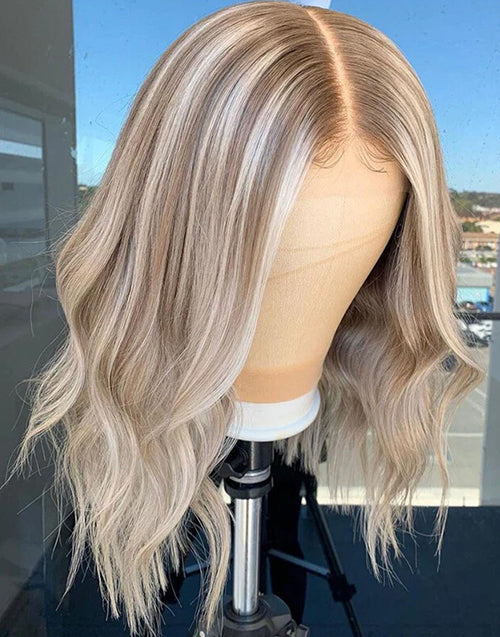 Cassie- Light Blonde With Brown Highlight Wavy 13x4 Lace Wig Mid Length For Women