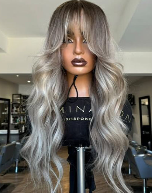 24" Dark Ash Blonde With Blonde Highlights Wavy 5x5 Lace Wig With Curtain Bangs Flash Deal