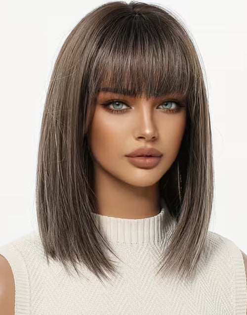 Daria- Minimalist Lace Highlight Dark Brown Blonde Straight Bob Wig With Bangs