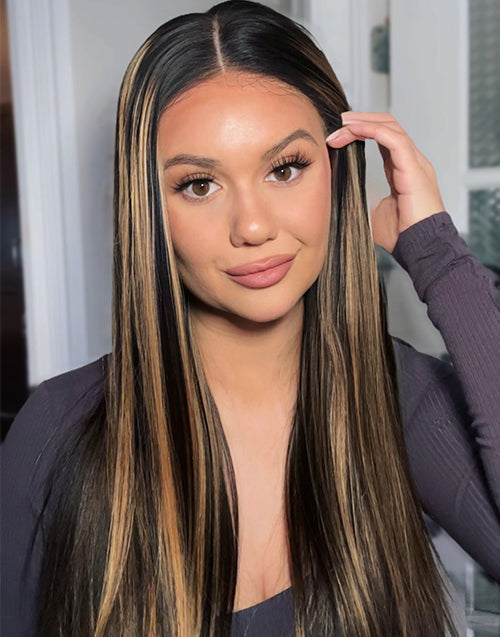 Winey- Piano Honey With Black Highlight Color Straight 13x5 Glueless Pre Cut Lace Wigs For Women